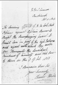 H M S Curacao Auckland Oct 5 1863 The surviving officer of H M S- ship Orpheus request Captain Renner to accept the accompanying present  a pencil case in proof of the high esteem and regard with which they will ever remember the considerable kindness of himself and ship crew to them on the 7 of Feb 1863. I remain Dear Sir Yours sincerely Charles Hill Letter of thanks from the officer of the Orpheus to Captain Renner, 1863 [Auckland War Memorial Museum C207802]