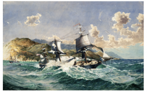 HMS Orpheus, corvette, 1706 tons, wrecked Manukau Harbour Bar, 7 February 1863.  G. C. Beale  (The Wonga Wonga at left of painting) [Auckland City Libraries 7-C6] 